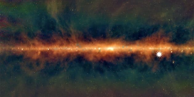 Radio-Ansicht der Milchstraße. Das Sternsymbol markiert den Ort der neuentdeckten mysteriösen Radioquelle. Copyright: Dr. Natasha Hurley-Walker (ICRAR/Curtin), GLEAM Team