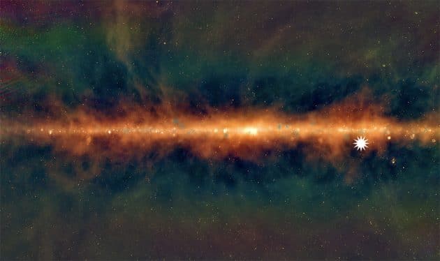 Radio-Ansicht der Milchstraße. Das Sternsymbol markiert den Ort der neuentdeckten mysteriösen Radioquelle. Copyright: Dr. Natasha Hurley-Walker (ICRAR/Curtin), GLEAM Team