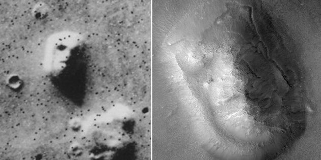 Das vielleicht berühmtesten illusorische Gesicht überhaupt: Aufgrund der damals noch geringen Bildauflösungen und günstiger Licht-Schattenverhältnisse erschien auf Aufnahmen der NASA-Sonde Viking 1 ein natürlicher Tafelberg als eindrucksvolles „Marsgesicht“ (l.). Erst auf späteren Aufnahmen des Mars Reconnaissance Orbiters von 2007 zeigte sich dessen wirkliche Form (r.), in der allerdings bis heute einige Beobachter unnatürliche Symmetrien erkennen. Copyright: NASA / JPL / University of Arizona