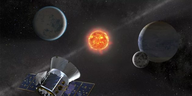 Künstlerische Darstellung der Suche nach nahen Exoplaneten mit dem NASA-Weltraumteleskop TESS (Illu.). Copyright: NASA
