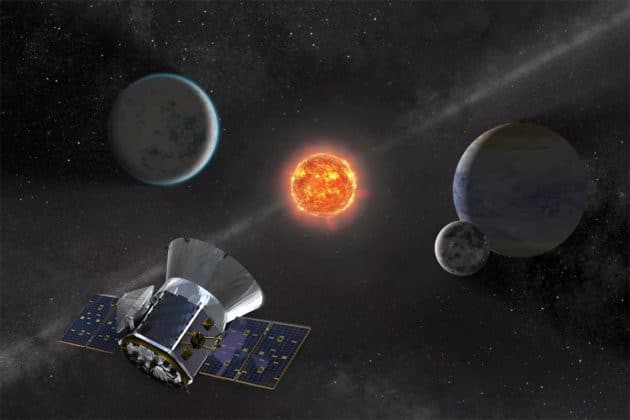 Künstlerische Darstellung der Suche nach nahen Exoplaneten mit dem NASA-Weltraumteleskop TESS (Illu.). Copyright: NASA