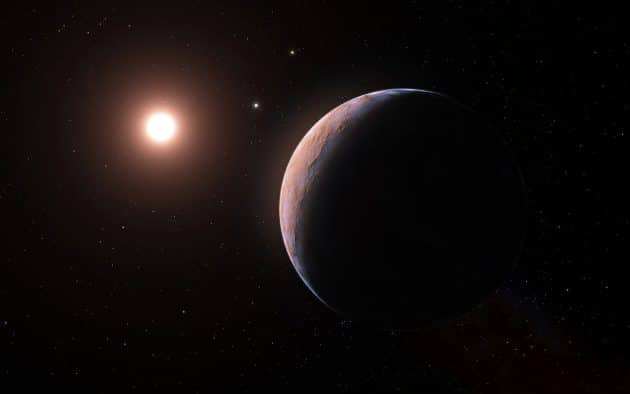 Künstlerische Darstellung des Planeten „Proxima d“, den roten Zwergstern Proxima Centauri, den dem Sonnensystem am nächsten liegenden Stern, umkreist (Illu.). Copyright: ESO/L. Calçada