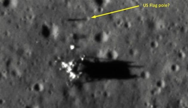 Das auf dem Mond zurückgelassene Unterteil des Landemoduls (LEM) der Apollo-12-Mission aus Sicht der indischen Mond-Sonde „Chandrayaan-2“. Quelle/Copyright: ISRO / Shanmuga Subramanian