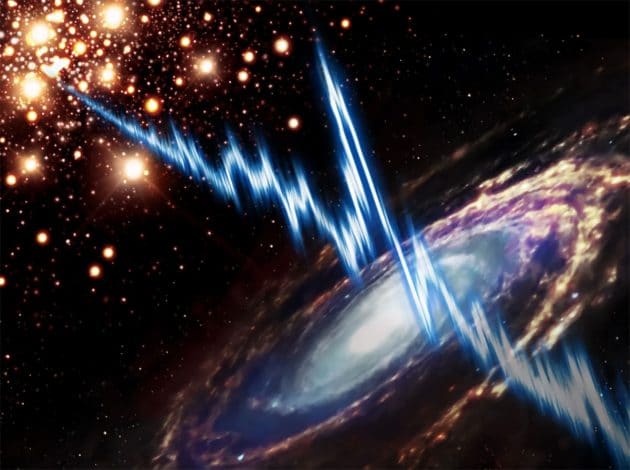 Künstlerische Darstellung eines Radiostrahlungsausbruchs, der in einem Kugelsternhaufen, einem System alter Sterne in der Nähe der Spiralgalaxie Messier 81 (M81), stattfindet. (Illu.). Copyright: Daniëlle Futselaar/ASTRON (artsource.nl)