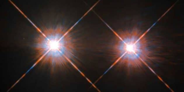 Hubble-Aufnahme der beiden Sterne Alpha Centauri A und B, die gemeinsam mit dem Roten Zwerg Alpha Centauri C ein Dreifachsternsystem bilden und zugleich die unserer Sonne nächstgelegenen Sterne darstellen. Copyright: ESA/Hubble & NASA