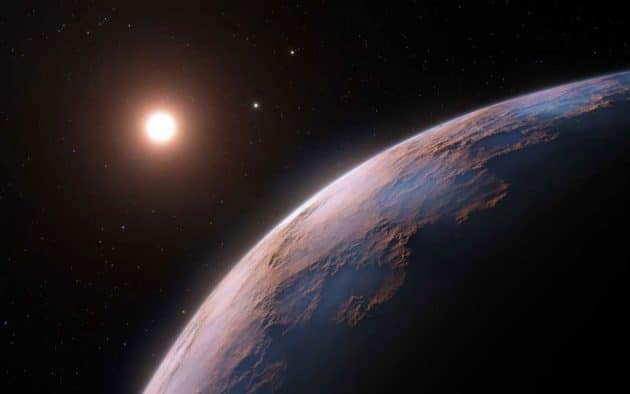 Künstlerische Darstellung des Planeten „Proxima d“, einem Anfang dieses Jahres identifizierte Exoplaneten-Kandidaten, der den lichtschwachen roten Zwergstern Alpha Centauri C umkreist (Illu.). Copyright: ESO/L. Calçada
