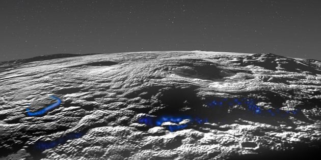 Strukturen auf dem Zwergplaneten Pluto haben US-Wissenschaftlerinnen und Wissenschaftler als Kuppeln von Eisvulkanen identifiziert (blau markiert). Copyright: NASA/Johns Hopkins University Applied Physics Laboratory/Southwest Research Institute