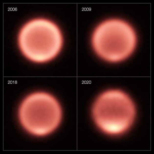 Wärmebilder von Neptun zwischen 2006 und 2020: Nach der allmählichen Abkühlung des Planeten scheint sich der Südpol in den letzten Jahren dramatisch erwärmt zu haben, wie ein heller Fleck an der Unterseite des Neptuns auf den Bildern von 2018 und 2020 zeigt. Copyright: ESO/M. Roman, NAOJ/Subaru/COMICS