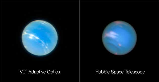 Der Neptun, aufgenommen mit dem VLT und mit Hubble. Copyright: ESO/P. Weilbacher (AIP)/NASA, ESA, and M.H. Wong and J. Tollefson (UC Berkeley)