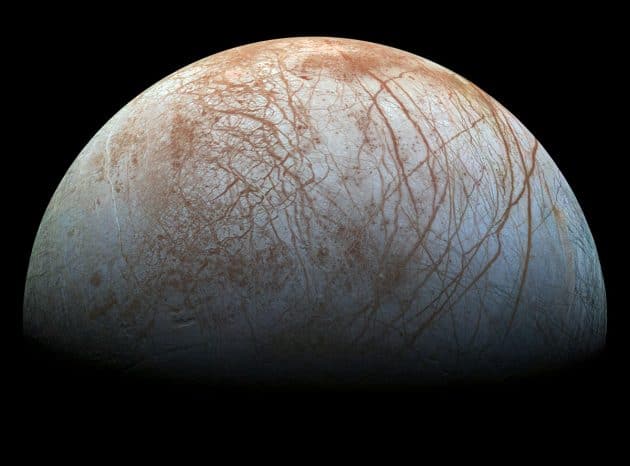 Aufnahme des Jupitermondes Europa durch die Raumsonde „Galileo“. Copyright: NASA/JPL-Caltech/SETI Institute
