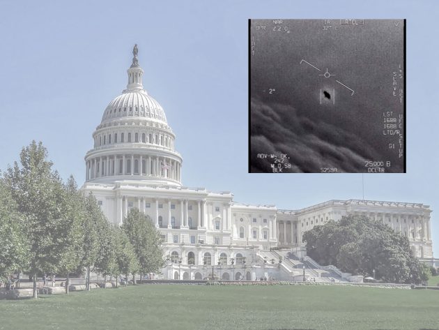 Symbolbild: Das US-Kapitol in Washingtin D.C. und ein standbild aus einem offiziellen UFO-Video der US Navy. Copyright: Pixabay License / US Gov.
