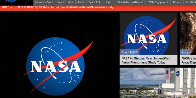 Screenshot der Startseite der NASA-Webseite mit Seltenheitswert (9. Juni 2022, 18h). Angeischts der angekündigten UFO-Szudie bekommt das NASA-Logo eine ganz neue Bedeutung. Copyright: NASA