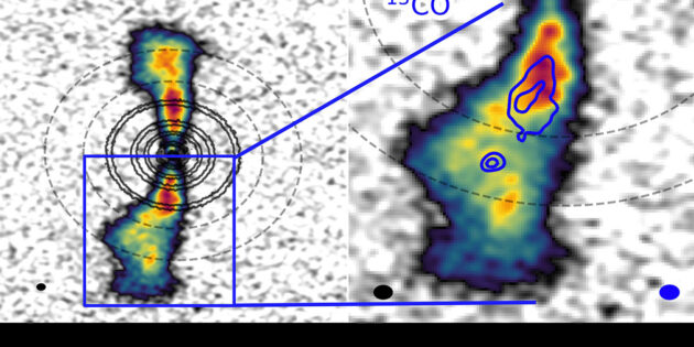Erstmals haben Astronomen beim Studium des jungen Sterns “AS 209” Gas im Innern einer zirkumplanetaren Scheibe entdeckt, was auf einen serh jungen jupiterartigen Planeten in dem System hindeutet. Die Aufnahmen zeigen klumpenartige Lichtemissionen (r.) die aus eigentlich leeren Lücken in dem hochgradig strukturieren Scheibensystem kommen (l.). Copyright: ALMA (ESO/NAOJ/NRAO), J. Bae (U. Florida)