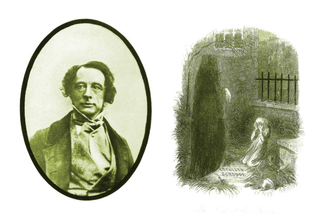 Charles Dickens, 1843 und die Illustration des „letzten Geistes“ aus der Erstausgabe von „A Christams Carrol“ aus dem gleichen Jahr. Copyright: Gemeinfrei