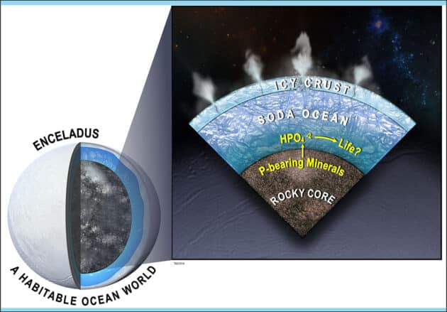 So stellen sich die Wissenschaftler die Abgabe von Orthophosphaten (HPO42-) aus Phosphat-haltigem Mineralien im Ozeanboden in den Enceladus-Ozean vor (Illu.) Copyright: Southwest Research Institute