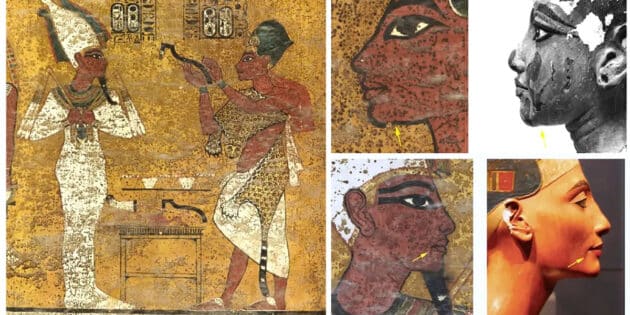 In der bekannten Darstellung der Mundöffnung der Mumie des Tutanchamun durch seinen Nachfolger Eje II, sieht der Archäologie zahlreiche Hinweise für eine spätere Übermalung eines älteren Motivs mit anderen Personen. Copyright/Quelle: N. Reeves, academia.edu 2019