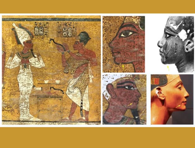 In der bekannten Darstellung der Mundöffnung der Mumie des Tutanchamun durch seinen Nachfolger Eje II, sieht der Archäologie zahlreiche Hinweise für eine spätere Übermalung eines älteren Motivs mit anderen Personen. Copyright/Quelle: N. Reeves, academia.edu 2019