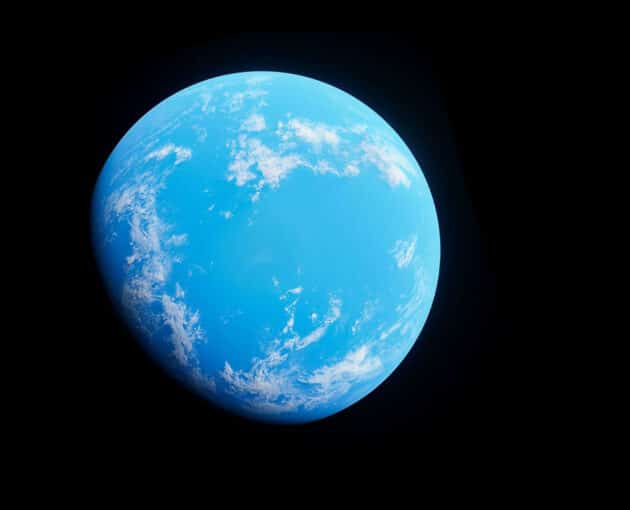 Künstlerische Darstellung eines blauen, wasserreichen Planeten (Illu.) Copyright/Quelle: Planet Volumes/Anodé on Unsplash / SETI Institute