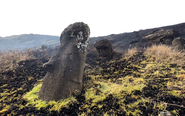 An den und rund um die weltbekannten Steinskulpturen auf der „Osterinsel“ Rapa Nui sind die Schäden der jüngsten Flächenbrände deutlich zu sehen. Copyright: Municipalidad de Rapa Nui