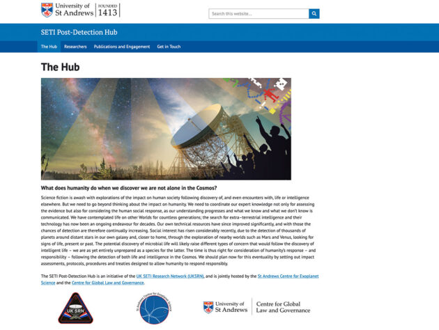 Screenshot der Webseite des „SETI Post-Detection Hub“. Copyright: seti.wp.st-andrews.ac.uk