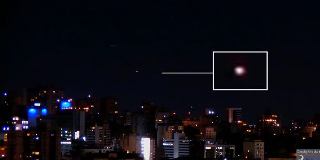 Standbild aus einem der vermeintlichen UFO-Videos aus Porto Alegre (mit Ausschnittsvergrößerung) . Copyright/Quelle: www.pordosolguaiba.com.br / Rony Vernet