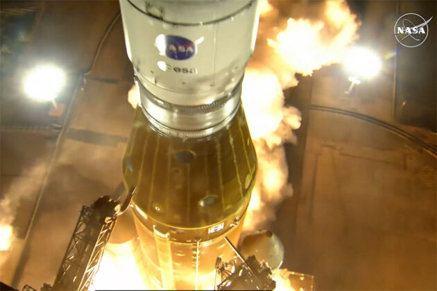Start der SLS-Rakete mit dem Orion-Raumschiff der Mission „Artemis 1“ an Bord.Copyright: NASA