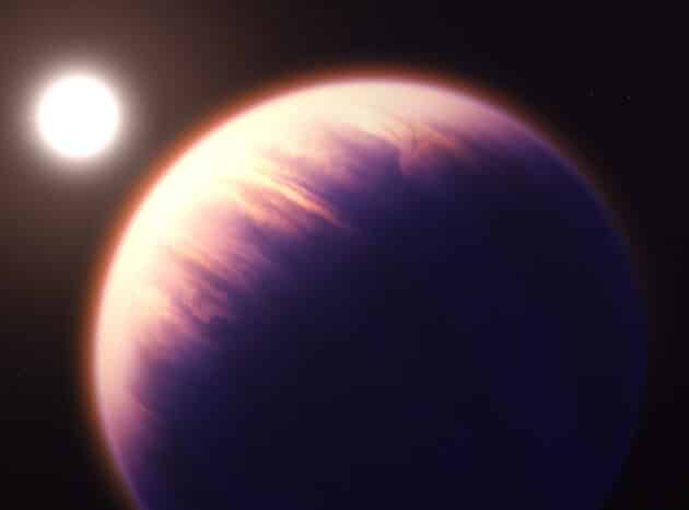 Künstlerische Darstellung des Exoplaneten „WASP-39b“ (Illu.).Copyright: NASA, ESA, CSA, J. Olmsted (STScI)