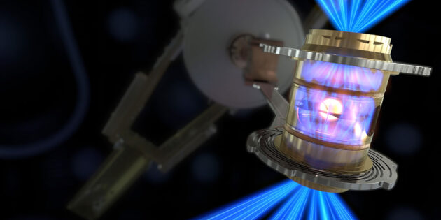 Um die Fusion zu zünden, erzeugen gebündelte Laserstrahlen in einer als „Hohlraum“ bezeichneten Kompressionskammer Röntgenstrahlung, die schlussendlich die Fusion auslöst (Illu.). Copyright: Damien Jemison / Lawrence Livermore National Laboratory