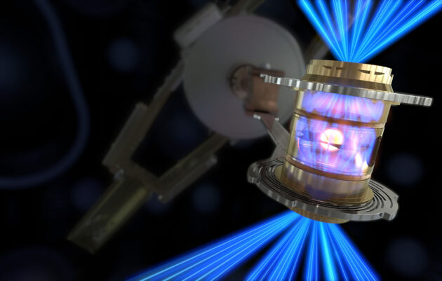 Um die Fusion zu zünden, erzeugen gebündelte Laserstrahlen in einer als „Hohlraum“ bezeichneten Kompressionskammer Röntgenstrahlung, die schlussendlich die Fusion auslöst (Illu.).Copyright: Damien Jemison / Lawrence Livermore National Laboratory