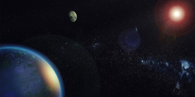 Künstlerische Darstellung zweier erdgroßer Planeten, die den Zwergstern „GJ 1002“ in dessen habitabler Zone umkreisen (Illu.). Copyright: Alejandro Suárez Mascareño and Inés Bonet (IAC)