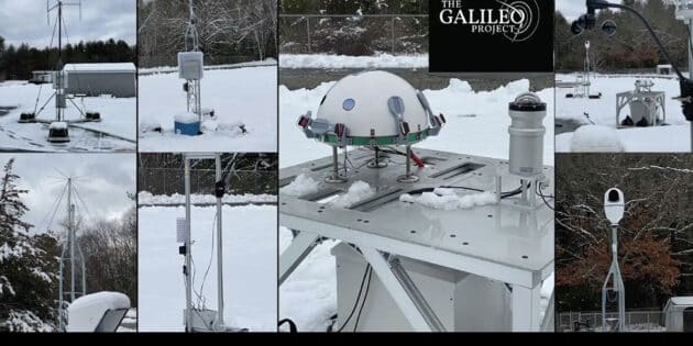Das Observatorium des Galileo-Projekts an der Harvard University mit einem passiven Radar (oben links), einem Funkspektrumanalysator (unten links), Audiosensoren (obere zweite links), Wettersensoren und Magnetometer (untere zweite links), einer Anordnung von 8 abdeckenden Infrarotkameras den gesamten Himmel (halbe Kugel, ähnlich R2-D2), Fischaugenobjektiv, das den gesamten Himmel im optischen Band (Zylinder rechts neben dem Tisch) beobachtet, eine Ansicht des gesamten Systems (oben rechts) und ein Schwenk-Neige- Zoomkamera (unten rechts). Die Daten werden über einen Edge-Computer verarbeitet und über Satelliten- und Glasfaserverbindungen in die Cloud übertragen, wo sie von KI-Algorithmen analysiert werden. (Klicken Sie auf die Bildmitte, um zu einer vergrößerten Darstellung zu gelangen.) Copyright: A. Loeb