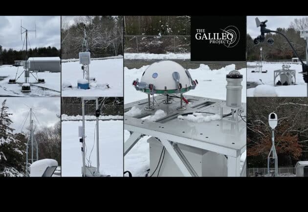 Das Observatorium des Galileo-Projekts an der Harvard University mit einem passiven Radar (oben links), einem Funkspektrumanalysator (unten links), Audiosensoren (obere zweite links), Wettersensoren und Magnetometer (untere zweite links), einer Anordnung von 8 abdeckenden Infrarotkameras den gesamten Himmel (halbe Kugel, ähnlich R2-D2), Fischaugenobjektiv, das den gesamten Himmel im optischen Band (Zylinder rechts neben dem Tisch) beobachtet, eine Ansicht des gesamten Systems (oben rechts) und ein Schwenk-Neige- Zoomkamera (unten rechts). Die Daten werden über einen Edge-Computer verarbeitet und über Satelliten- und Glasfaserverbindungen in die Cloud übertragen, wo sie von KI-Algorithmen analysiert werden. (Klicken Sie auf die Bildmitte, um zu einer vergrößerten Darstellung zu gelangen.)Copyright: A. Loeb