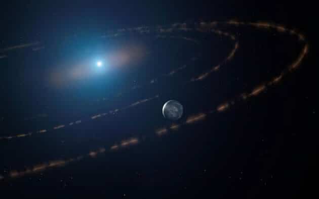 Künstlerische Darstellung des Weißen Zwergsterns „WD1054–226“, der von einem Ring aus 65 Objekten umkreist wird, die vermutlich durch die Schwerkraft eines Planeten innerhalb der habitablen Zone des Sterns geordnet werden (Illu) Copyright: Mark A. Garlick / markgarlick.com