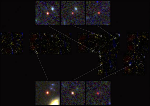 Aufnahmen der sechs gewaltigen alten Galaxien. Die Galaxie unten links beinhaltet in etwa so viele Sterne wie unsere heutige Milchstraße, ist aber wesentlich kompakter.Copyright: NASA, ESA, CSA, LABBE (Swinburne University of Technology) : G. Brammer (Niels Bohr Institute’s Cosmic Dawn Center, University of Copenhagen)