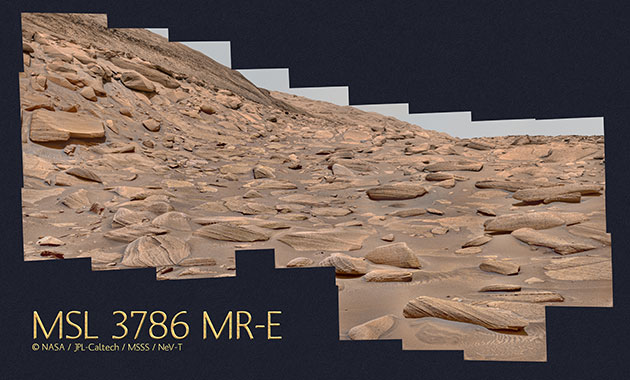 Aus den NASA-Rohdaten hat Neville Thompson ein beeindruckendes Gigapan-Panorama erstellt. Klicken Sie auf die Bildmitte, um zum interaktiven Gigapan „MSL 3786 MR“ zu gelangen.Copyright: NASA/JPL-Caltech/MSSS/NeV-T Gigapan