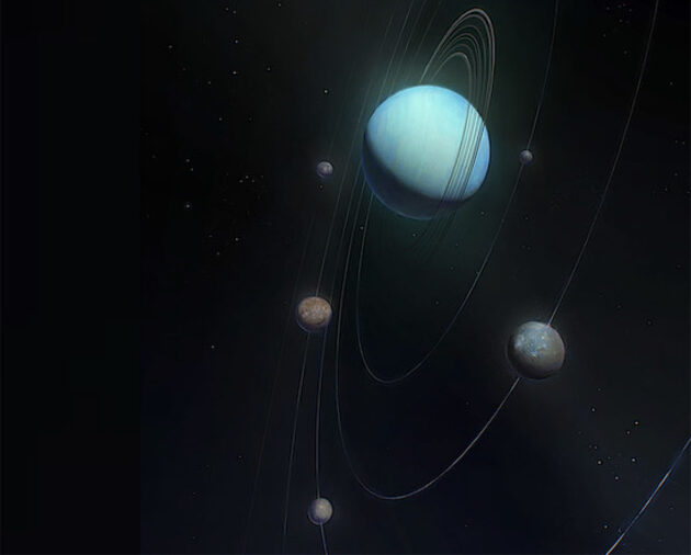 Künstlerische Darstellung des Planeten Uranus und seiner fünf größten Monde Miranda, Ariel, Umbriel, Titania und Oberon.Copyright: NASA/Johns Hopkins APL/Mike Yakovlev