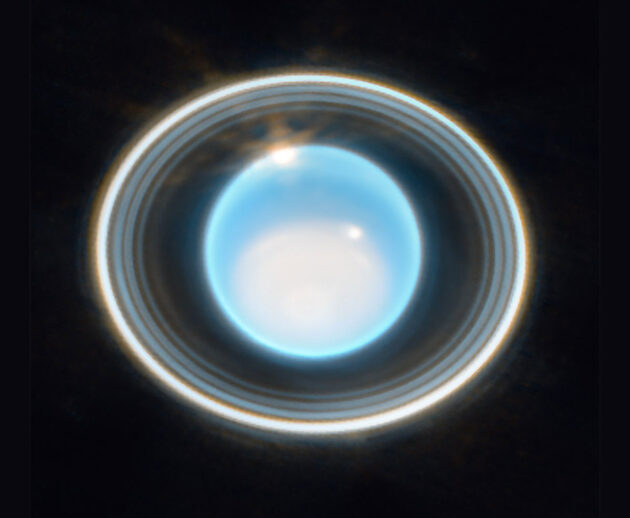 Die 13 Ringe des Uranus: Nicht nur Saturn, auch der Uranus ist von einem System aus bislang 13 bekannten Ringen umgeben. Erstmals 1986 beim Vorbeiflug der Voyager-Sonde entdeckt, lieferte erst kürzlich das neuen Weltraumteleskop James Webb die bislang deutlichste Aufnahme der Uranus-Ringe.Copyright: NASA/ESA/CSA, Joseph DePasquale (STScI)