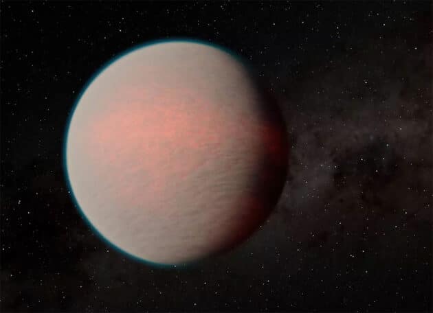 Künstlerische Darstellung des Exoplaneten GJ 1214 b, die auf den aktuellen Ergebnissen basiert (Illu.). Copyright: NASA/JPL-Caltech/R. Hurt (IPAC)