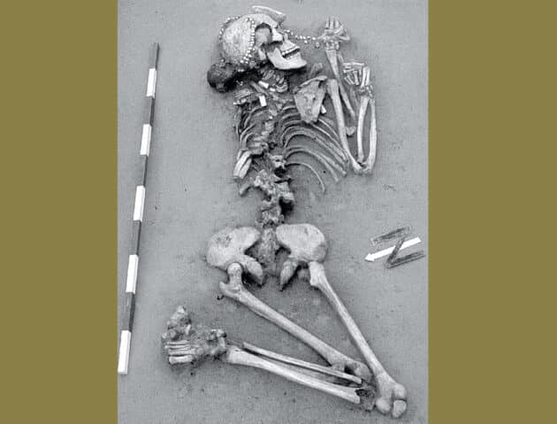 Symbolbild (Archiv): Ganz ähnlich wie diese eine von 8 Frauen wurden auch zwei biologische Männer mitsamt einem Kopfschmuck aus Schneckenschalen im jungsteinzeitlichen (linearbandkeramischen) Gräberfeld aus der bei Aiterhofen-Ödmühle mit weiteren „weiblichen“ Grabbeigaben beigesetzt.Copyright/Quelle: Bayerisches Landesamt für Denkmalpflege