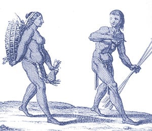 Historische Darstellung der klassischen Vorstellung der Rollenverteilung in Jägern und Sammlergemeinschaften, hier in einem Stick von 1743.Copyright: Gemeinfrei