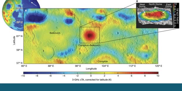 Zwischen den Kratern Compton-Belkovich auf der erdabgewandten Mondseite zeichnet sich eine radioaktive Wärmeanomalie ab. Copyright/Quelle: Siegler et al., Nature 2023