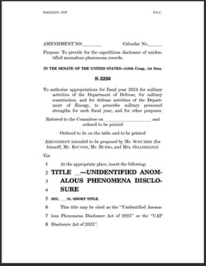 Titelansicht des Gesetzentwurfs zum „Unidentified Anomalous Phenomena (UAP) Disclosure Act of 2023“. Quelle: democrats.senate.gov