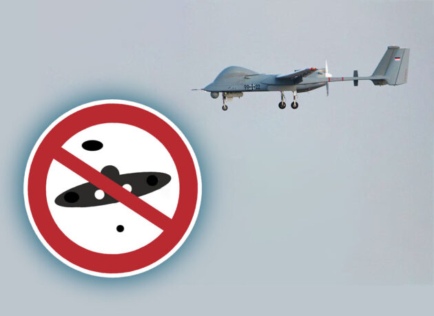 Symbolbild: Deutsche Aufklärungsdrohnen (hier vom Typ Heron 1) haben noch keine UFOs detektiert.Copyright/Quelle: Kollage grewi.de mit Material von: Bundeswehr u. Pixabay.de