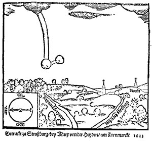 Skizze einer auch von Schickard beobachteten, beschriebenen und nachgerechneten Beobachtung einer Meteor-Feuerkugel am 7. November 1623. Quelle: Habrecht, I: Von einer wunderbaren grossen vom Himmel gefallenen Feuerkugel (Marx v.d. Heyden),