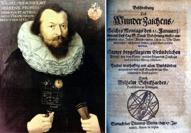 Wilhelm Schickard porträtiert von C. Melperger 1632 neben dem Titelblatt seiner "Wunder-Zaichens"-SchriftQuelle: Porträt: Tübinger Professorengalerie (WikimediaCommons) / Gemeinfrei