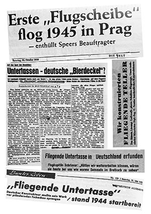 Schlagzeilenspiegel über „Deutsche Untertassen“ und „Flugscheiben“ im bundesdeutschen Blätterwald, Mitte der 1950-er Jahre (Auswahl).