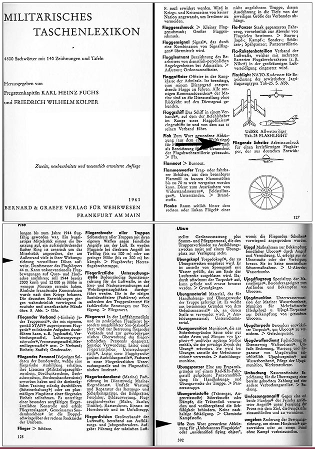 Die Einträge zu „Fliegende Scheiben“ und „Ufo“ aus dem „Militärischen Taschenlexikon“ von 1958. Quelle: Militärisches Taschenlexikon, Bonn 1958