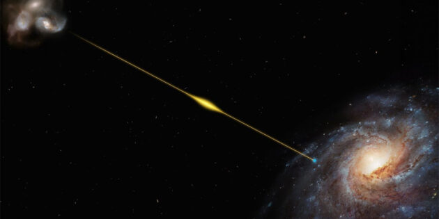 Künstlerische Darstellung (nicht maßstabsgetreu) veranschaulicht den Weg des schnellen Radioblitzes FRB 20220610A, von der entfernten Galaxie, in der er entstand, bis zur Erde, in einem der Spiralarme der Milchstraße. Die Quellgalaxie von FRB 20220610A, dank des Very Large Telescope der ESO lokalisiert, scheint sich in einer kleinen Gruppe wechselwirkender Galaxien zu befinden. Copyright: ESO/M. Kornmesser