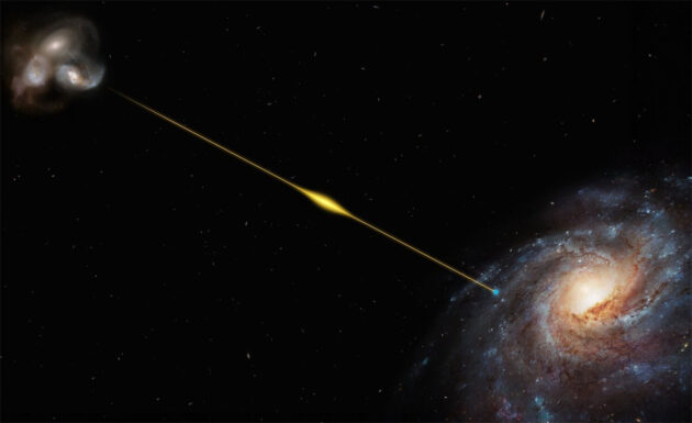 Künstlerische Darstellung (nicht maßstabsgetreu) veranschaulicht den Weg des schnellen Radioblitzes FRB 20220610A, von der entfernten Galaxie, in der er entstand, bis zur Erde, in einem der Spiralarme der Milchstraße. Die Quellgalaxie von FRB 20220610A, dank des Very Large Telescope der ESO lokalisiert, scheint sich in einer kleinen Gruppe wechselwirkender Galaxien zu befinden.Copyright: ESO/M. Kornmesser