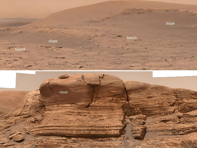 Bild von der Bank-und-Hang-Morphologie auf dem Mars und der Nasen-Morphologie vom Boden am Mont Mercou auf dem Mars.Copyright: NASA/Caltech-JPL/MSSS